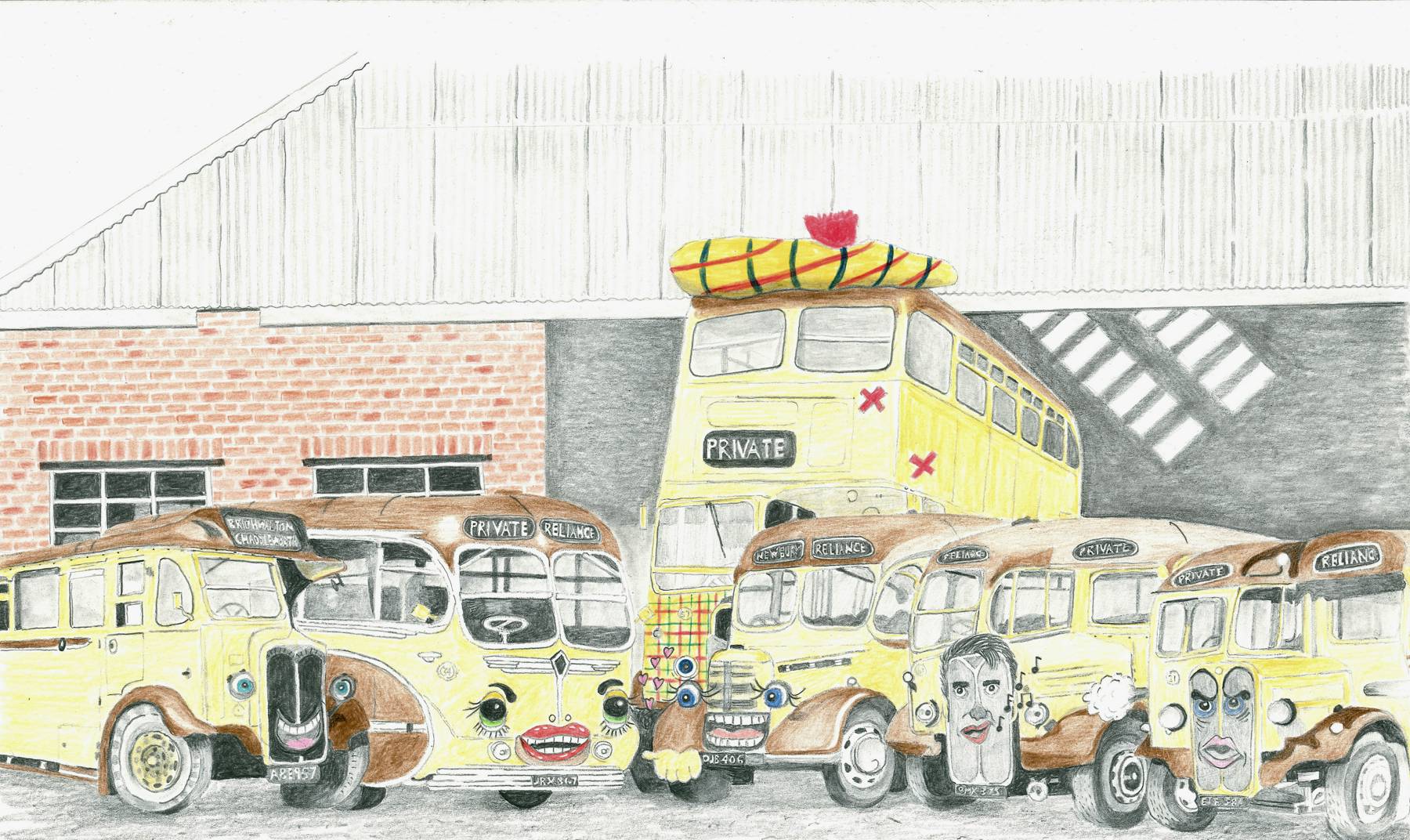 The bus crew illustration showing drawn buses in a lot