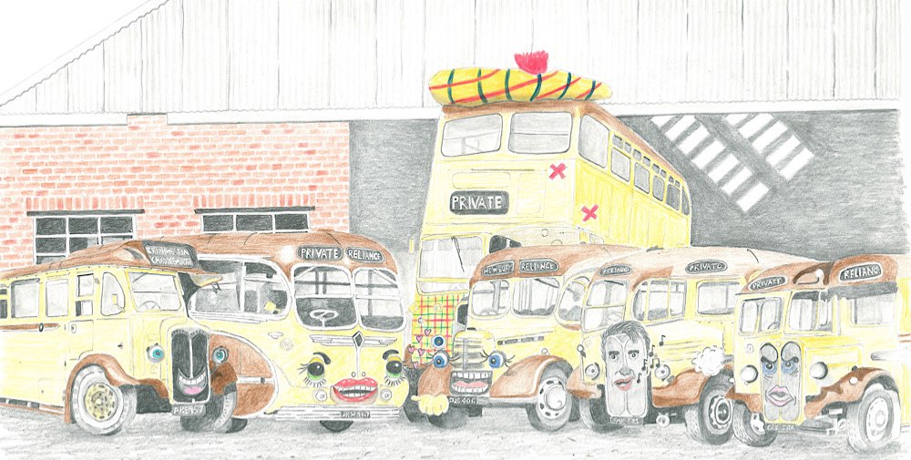 1 - square - The bus crew illustration showing drawn buses in a lot
